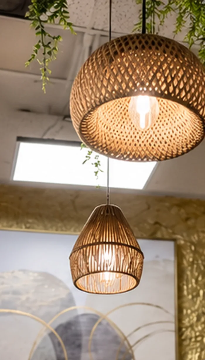 Wicker lamp over a gold-framed painting