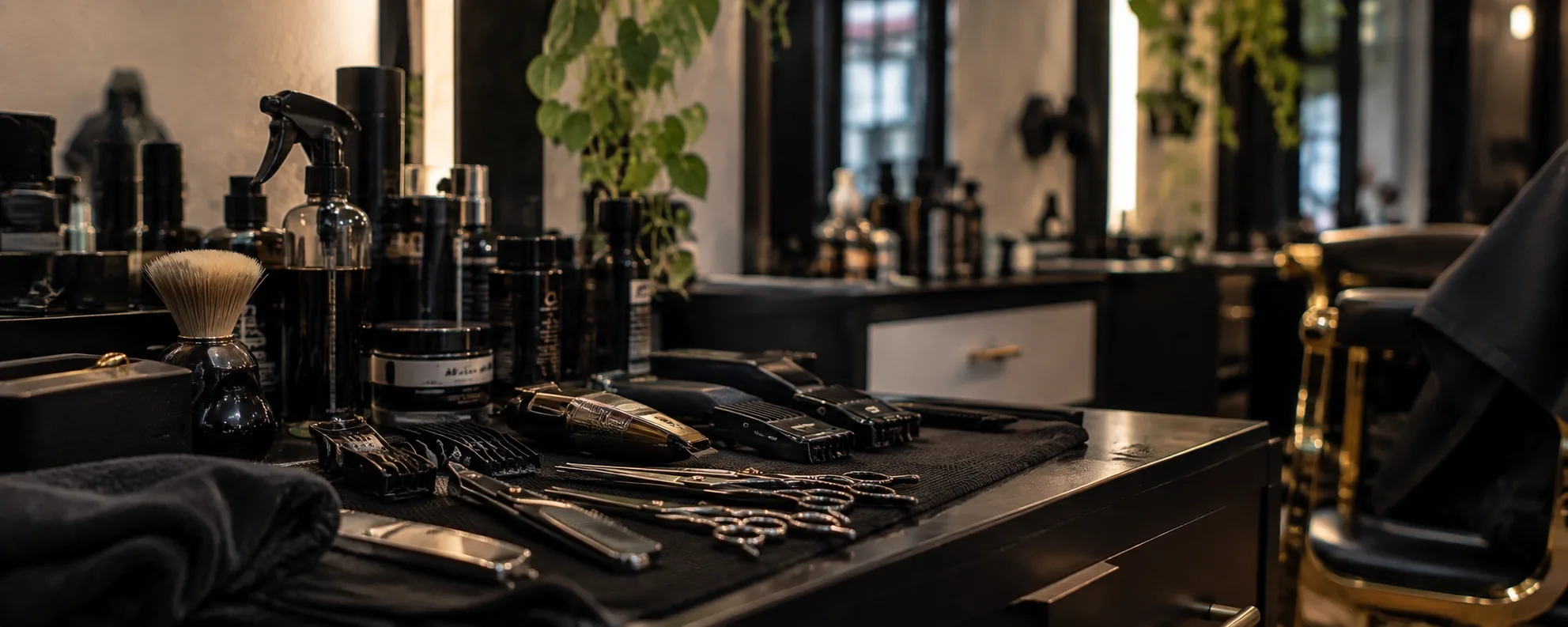Máquinas de cortar y brochas sobre el tocador de la barbería