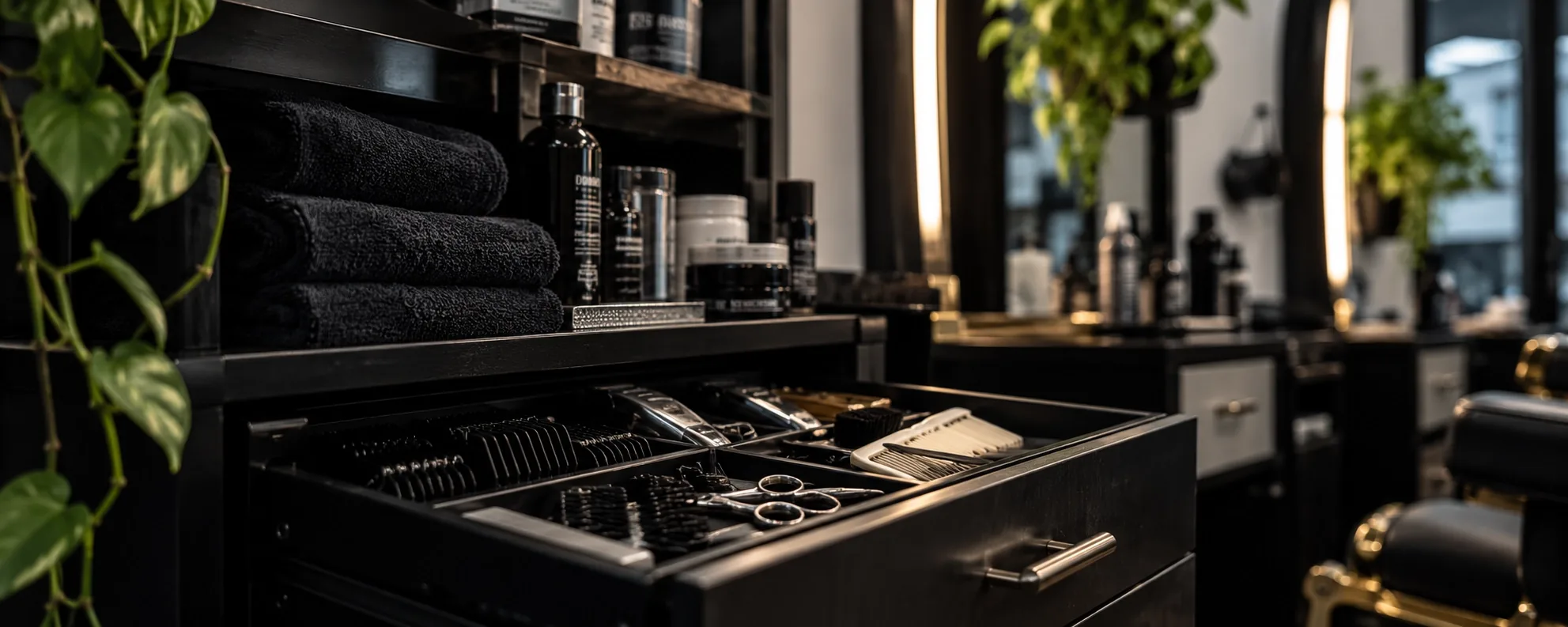 Open drawer with scissors, combs and clippers by the station