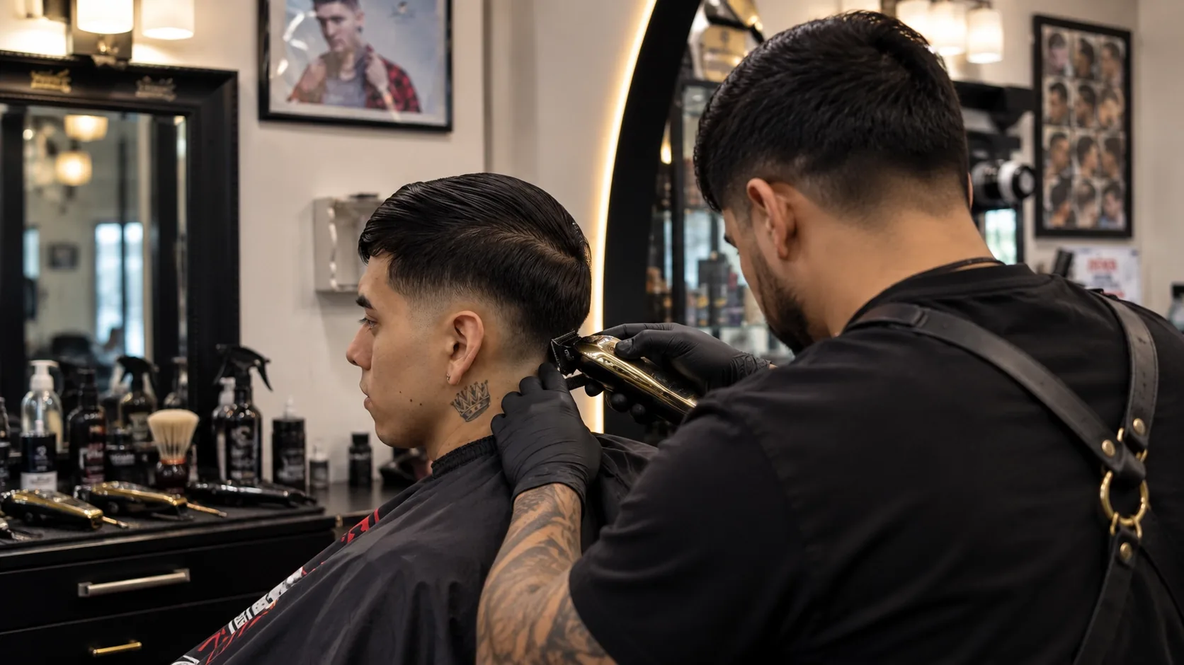 Barber in black gloves detailing a client’s haircut